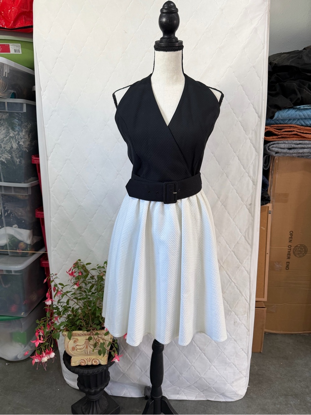 NWT Vintage Andrea Jovine Black & White Sleeveless Halter Fit-and-Flare Dress
